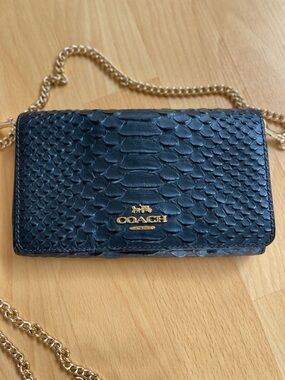 COACH Python Embossed Leather Wallet Crossbody w Chain Midnight Navy Blue F34720